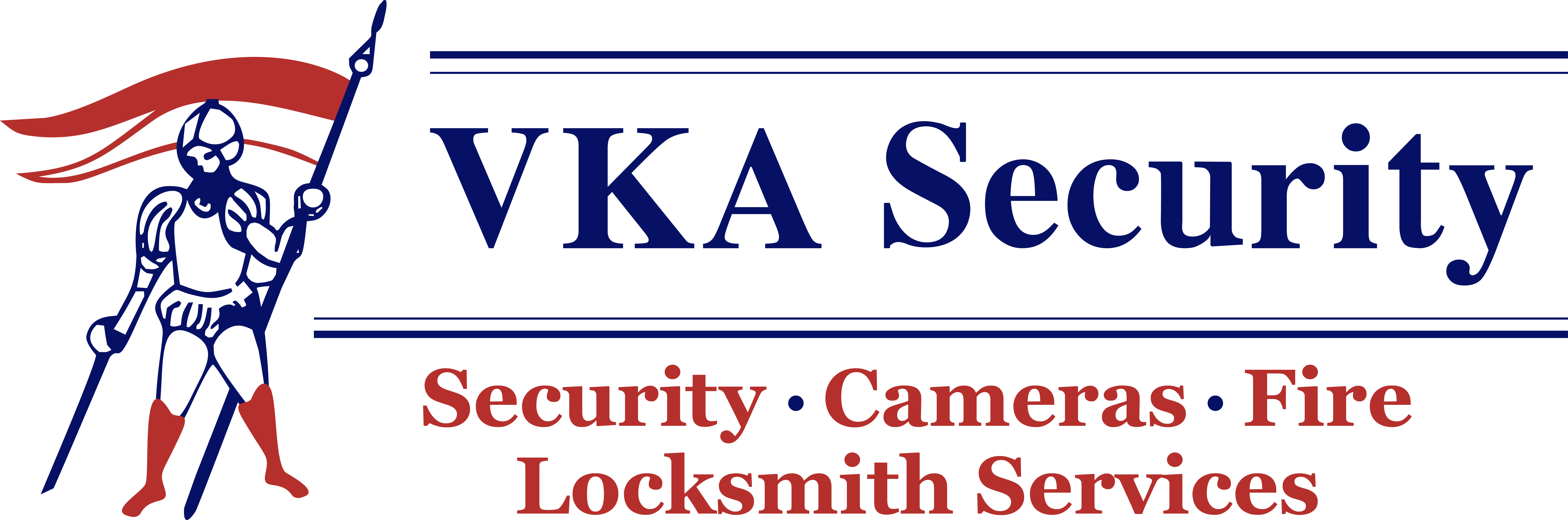 VKA Security Logo - Icon to left - knight with red and white flag in one hand and a sword in the other. Text: VKA Security - Security, Cameras, Fire, Locksmith Services